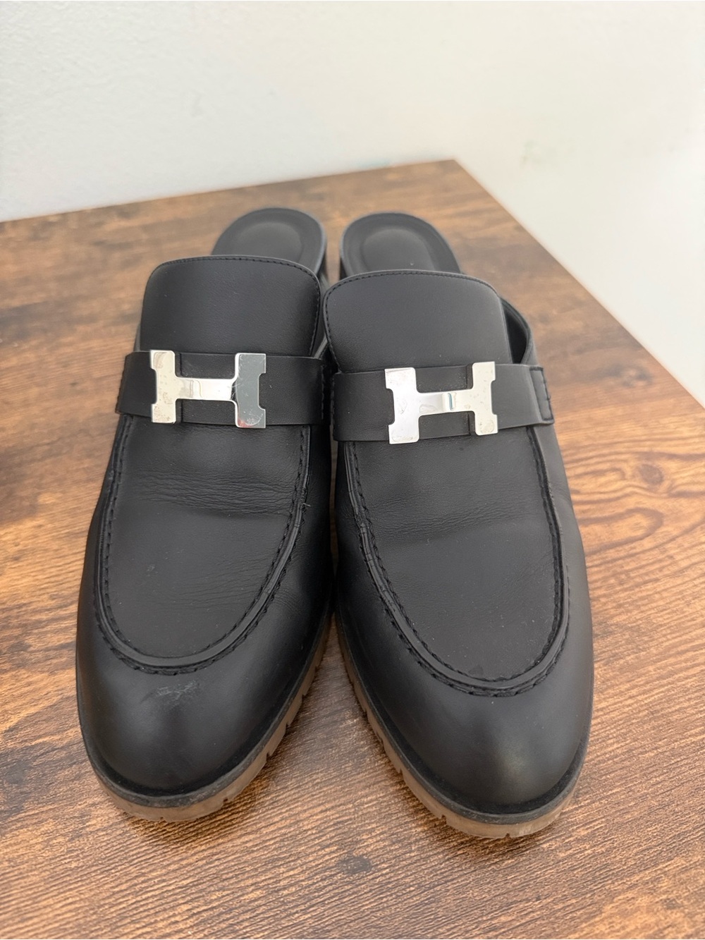 Hermes Black Leather Slip-On Clogs with Silver H Buckle